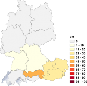 Relative Auftretenshäufigkeit von sich umschauen, sich umsehen um innerhalb der einzelnen Areale im Verhältnis zu sich umschauen, sich umsehen nach (in %)