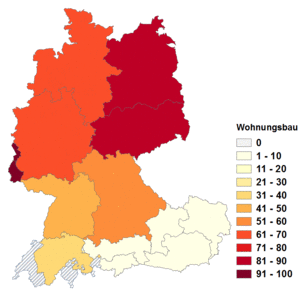 Relative Auftretenshäufigkeit von Wohnungsbau innerhalb der einzelnen Areale im Verhältnis zu Wohnbau (in %)