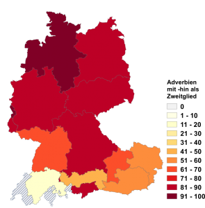 Relative Auftretenshäufigkeit von Adverbien mit -hin als Zweitglied innerhalb der einzelnen Areale im Verhältnis zu Adverbien ohne -hin als Zweitglied (in %)
