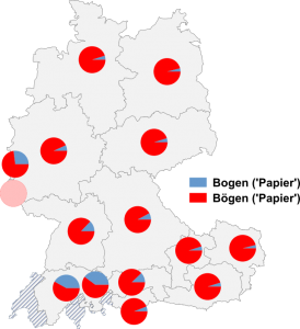 Relative Auftretenshäufigkeit von Bogen / Bögen ('Papier') innerhalb der einzelnen Areale