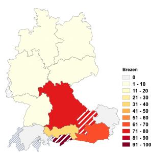 Relative Auftretenshäufigkeit von Brezen innerhalb der einzelnen Areale im Verhältnis zu Brezel, Brezeln und Brezn (in %)