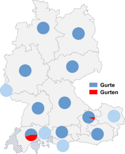 Relative Auftretenshäufigkeit von Gurte / Gurten innerhalb der einzelnen Areale