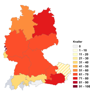 Relative Auftretenshäufigkeit von Knaller innerhalb der einzelnen Areale im Verhältnis zu Knüller (in %)