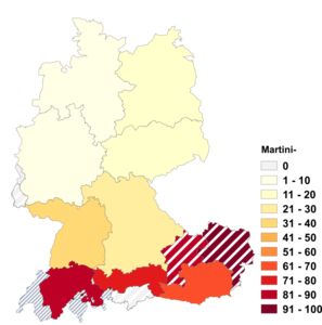 Relative Auftretenshäufigkeit von Martini- innerhalb der einzelnen Areale im Verhältnis zu Martins- (in %)