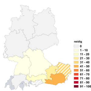 Relative Auftretenshäufigkeit von neidig innerhalb der einzelnen Areale im Verhältnis zu neidisch (in %)