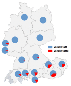 Relative Auftretenshäufigkeit von Werkstatt / Werkstätte innerhalb der einzelnen Areale