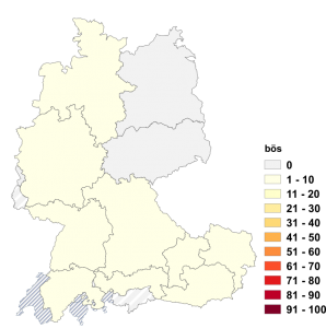 Relative Auftretenshäufigkeit von bös innerhalb der einzelnen Areale im Verhältnis zu böse (in %)
