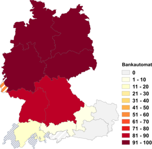 Relative Auftretenshäufigkeit von Bankautomat innerhalb der einzelnen Areale im Verhältnis zu Bankomat (in %)