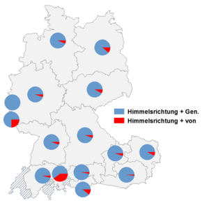 Relative Auftretenshäufigkeit von nördlich, westlich, östlich, südlich usw. + Genitiv / nördlich, westlich, östlich, südlich usw. + von + Dativ innerhalb der einzelnen Areale
