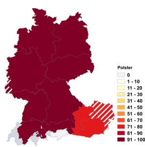 Relative Auftretenshäufigkeit von Polster innerhalb der einzelnen Sprachregionen im Verhältnis zu Pölster (in %)