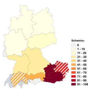 Relative Auftretenshäufigkeit von Schweins- innerhalb der einzelnen Areale im Verhältnis zu Schweine- (in %)