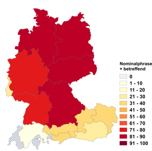 Relative Auftretenshäufigkeit von Nominalphrase + betreffend innerhalb der einzelnen Areale im Verhältnis zu betreffend + Nominalphrase (in %)