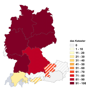 Relative Auftretenshäufigkeit von das Kataster innerhalb der einzelnen Areale im Verhältnis zu der Kataster (in %)
