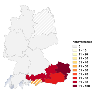 Relative Auftretenshäufigkeit von Naheverhältnis innerhalb der einzelnen Areale im Verhältnis zu Nahverhältnis (in %)