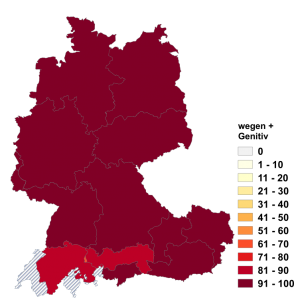Relative Auftretenshäufigkeit von wegen + Genitiv innerhalb der einzelnen Areale im Verhältnis zu wegen + Dativ (in %)