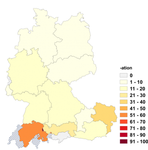 Relative Auftretenshäufigkeit von -ation innerhalb der einzelnen Areale im Verhältnis zu -ung (in %)