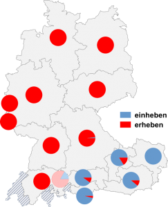 Relative Auftretenshäufigkeit von einheben / erheben innerhalb der einzelnen Areale