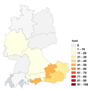 Relative Auftretenshäufigkeit von -kost innerhalb der einzelnen Areale im Verhältnis zu -verkostung (in %)