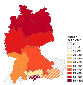 Relative Auftretenshäufigkeit von rechts + von + Dativ innerhalb der einzelnen Areale im Verhältnis zu rechts + Genitiv (in %)
