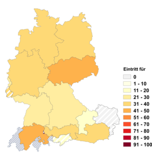 Relative Auftretenshäufigkeit von Eintritt für innerhalb der einzelnen Areale im Verhältnis zu Eintritt zu (in %)