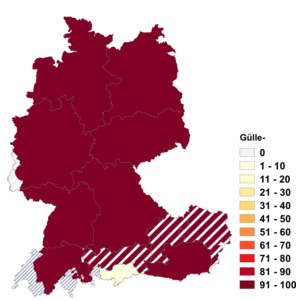 Relative Auftretenshäufigkeit von Gülle- innerhalb der einzelnen Areale im Verhältnis zu Güllen- (in %)
