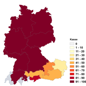 Relative Auftretenshäufigkeit von Kasse innerhalb der einzelnen Areale im Verhältnis zu Kassa (in %)