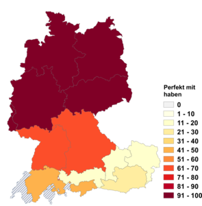Relative Auftretenshäufigkeit von Perfekt mit haben innerhalb der einzelnen Areale im Verhältnis zu Perfekt mit sein (in %)