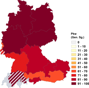Relative Auftretenshäufigkeit von Pkw innerhalb der einzelnen Areale im Verhältnis zu Pkws (Gen. Sg., in %)