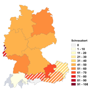 Relative Auftretenshäufigkeit von Schnauzbart innerhalb der einzelnen Areale im Verhältnis zu Schnauz, Schnauzer und Schnäuzer (in %)