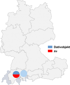 Relative Auftretenshäufigkeit von Sorge tragen mit Dativobjekt / mit zu innerhalb der einzelnen Areale