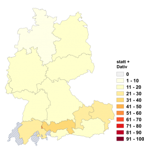 Relative Auftretenshäufigkeit von statt + Dativ innerhalb der einzelnen Areale im Verhältnis zu statt + Genitiv (in %)
