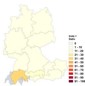 Relative Auftretenshäufigkeit von trotz + Dativ innerhalb der einzelnen Areale im Verhältnis zu trotz + Genitiv (in %)