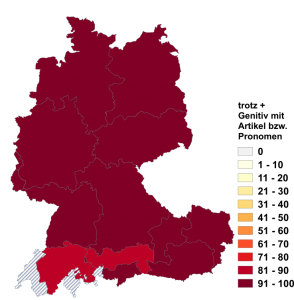 Relative Auftretenshäufigkeit von trotz + Genitiv mit Artikel bzw. Pronomen innerhalb der einzelnen Areale im Verhältnis zu trotz + Dativ mit Artikel bzw. Pronomen (in %)
