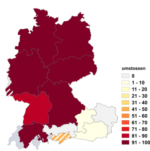 Relative Auftretenshäufigkeit von umstossen innerhalb der einzelnen Areale im Verhältnis zu niederstossen (in %)