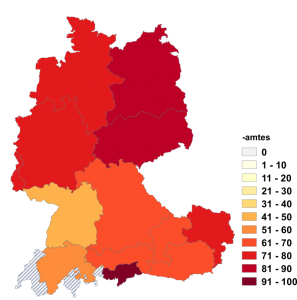 Relative Auftretenshäufigkeit von -amtes innerhalb der einzelnen Areale im Verhältnis zu -amts (in %)
