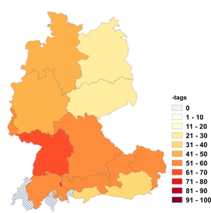 Relative Auftretenshäufigkeit von -tags innerhalb der einzelnen Areale im Verhältnis zu -tages (in %)