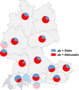 Relative Auftretenshäufigkeit von ab + Dativ / ab + Akkusativ innerhalb der einzelnen Areale