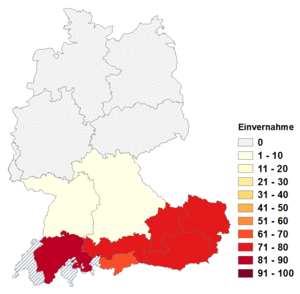 Relative Auftretenshäufigkeit von Einvernahme innerhalb der einzelnen Areale im Verhältnis zu Vernehmung (in %)