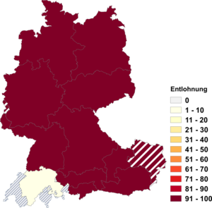 Relative Auftretenshäufigkeit von Entlohnung innerhalb der einzelnen Areale im Verhältnis zu Entlöhnung (in %)