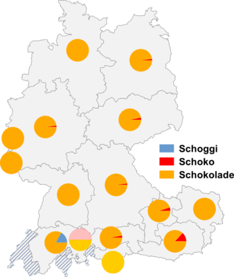 Relative Auftretenshäufigkeit von Schoggi / Schoko / Schokolade innerhalb der einzelnen Areale