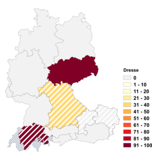 Relative Auftretenshäufigkeit von Dresse innerhalb der einzelnen Areale im Verhältnis zu Dressen (in %)