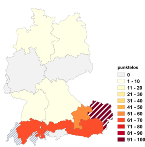 Relative Auftretenshäufigkeit von punktelos innerhalb der einzelnen Areale im Verhältnis zu punktlos (in %)