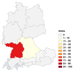 Relative Auftretenshäufigkeit von Stüble innerhalb der einzelnen Areale im Verhältnis zu Stübchen, Stüberl und Stübli (in %)