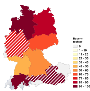 Relative Auftretenshäufigkeit von Bauerntochter innerhalb der einzelnen Areale im Verhältnis zu Bauerstochter (in %)