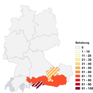 Relative Auftretenshäufigkeit von Behebung innerhalb der einzelnen Areale im Verhältnis zu Abhebung (in %)