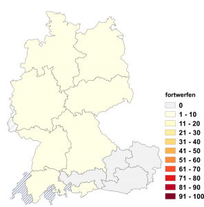 Relative Auftretenshäufigkeit von fortwerfen innerhalb der einzelnen Areale im Verhältnis zu wegwerfen (in %)