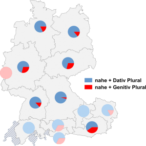Relative Auftretenshäufigkeit von nahe + Dativ Plural / nahe + Genitiv Plural innerhalb der einzelnen Areale