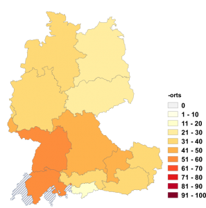 Relative Auftretenshäufigkeit von -orts innerhalb der einzelnen Areale im Verhältnis zu -ortes (in %)