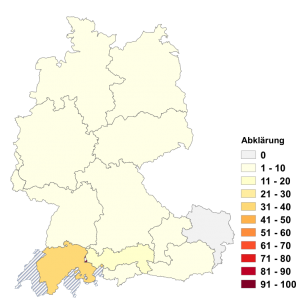 Relative Auftretenshäufigkeit von Abklärung innerhalb der einzelnen Areale im Verhältnis zu Klärung (in %)