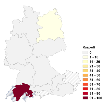 Relative Auftretenshäufigkeit von Kasperli innerhalb der einzelnen Areale im Verhältnis zu Kasperl und Kasperle (in %)
